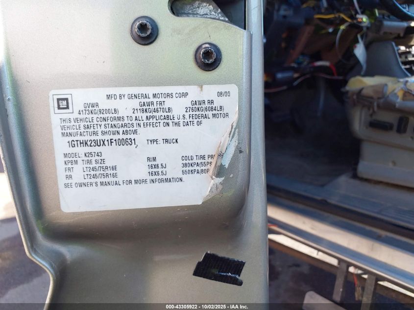 2001 GMC Sierra 2500Hd Sle VIN: 1GTHK23UX1F100631 Lot: 43305922