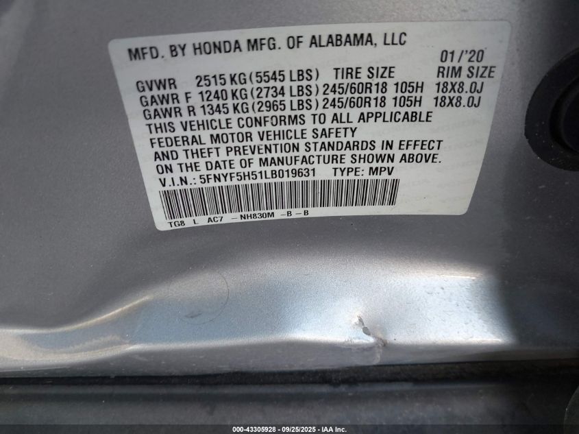 2020 Honda Pilot 2Wd Ex-L VIN: 5FNYF5H51LB019631 Lot: 43305928