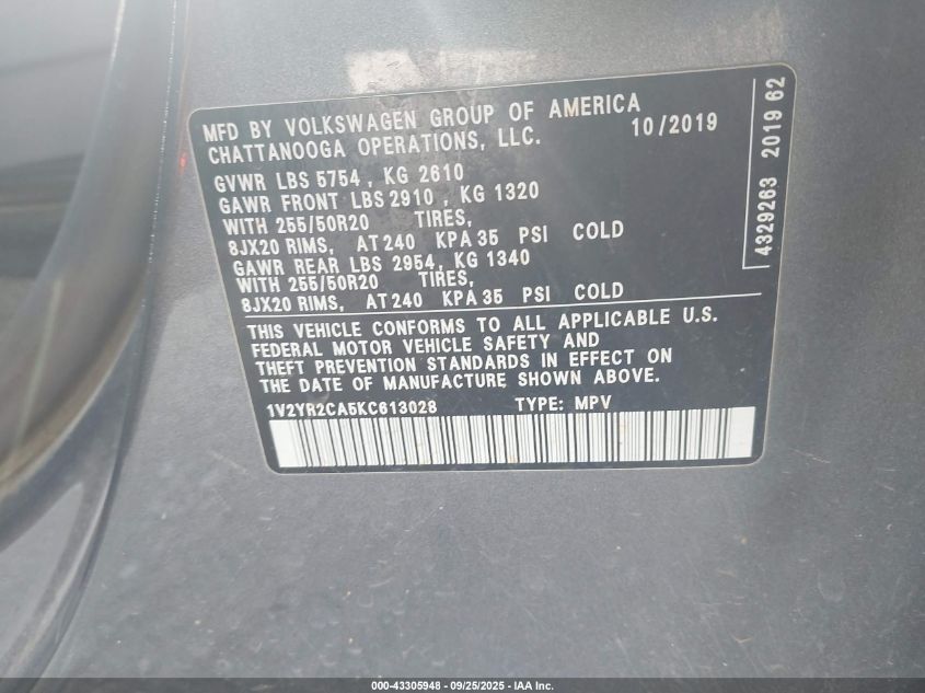 2019 Volkswagen Atlas 3.6L V6 Se W/Technology R-Line VIN: 1V2YR2CA5KC613028 Lot: 43305948