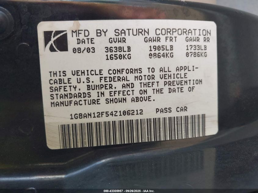 2004 Saturn Ion 2 VIN: 1G8AN12F54Z106212 Lot: 43305957