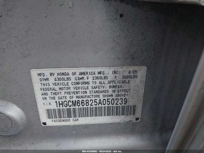 2005 Honda Accord 3.0 Ex VIN: 1HGCM66825A050239 Lot: 43305962