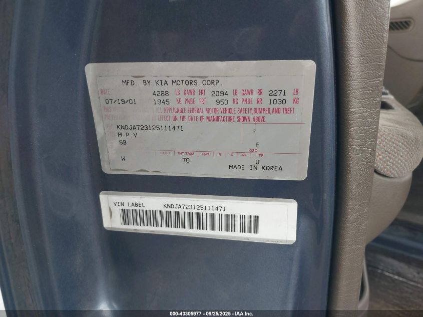 2002 Kia Sportage VIN: KNDJA723125111471 Lot: 43305977