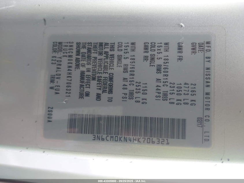 2017 NISSAN NV200 S 3N6CM0KN4HK706321