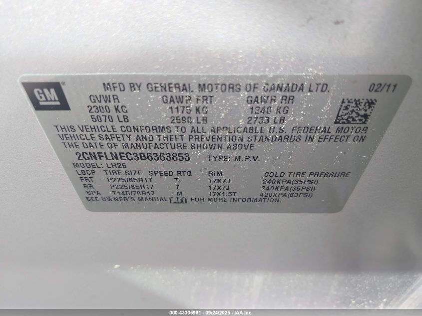 2011 Chevrolet Equinox 2Lt VIN: 2CNFLNEC3B6363853 Lot: 43305981