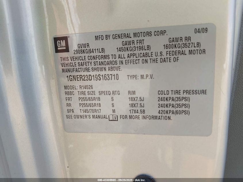 2009 Chevrolet Traverse Lt VIN: 1GNER23D19S163710 Lot: 43305985