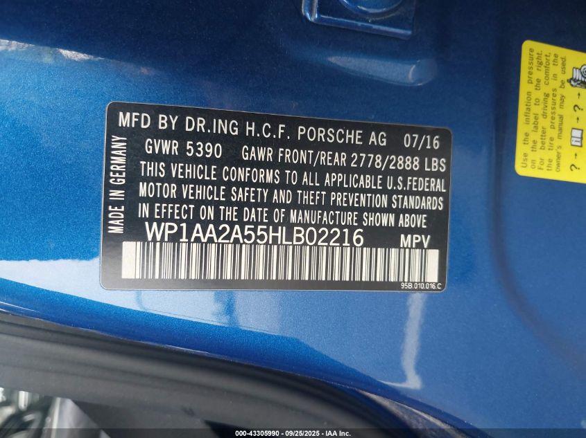 2017 Porsche Macan VIN: WP1AA2A55HLB02216 Lot: 43305990