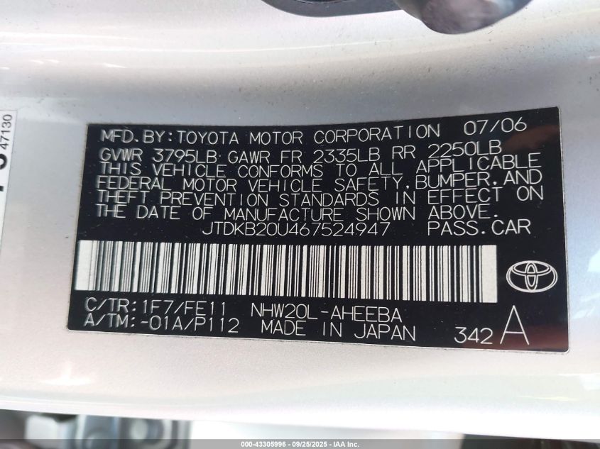 2006 Toyota Prius VIN: JTDKB20U467524947 Lot: 43305996