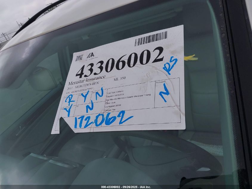 2011 Mercedes-Benz Ml 350 VIN: 4JGBB5GB2BA679995 Lot: 43306002