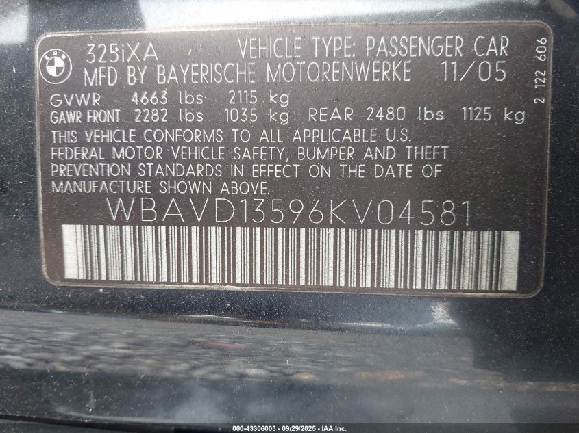 2006 BMW 325Xi VIN: WBAVD13596KV04581 Lot: 43306003