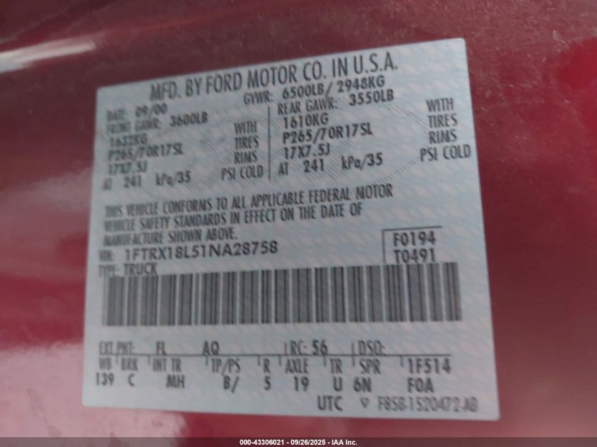 2001 Ford F-150 Lariat/Xl/Xlt VIN: 1FTRX18L51NA28758 Lot: 43306021