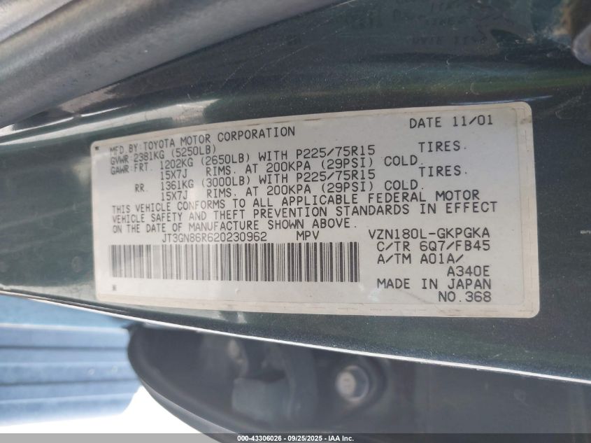 2002 Toyota 4Runner Sr5 V6 VIN: JT3GN86R620230962 Lot: 43306026