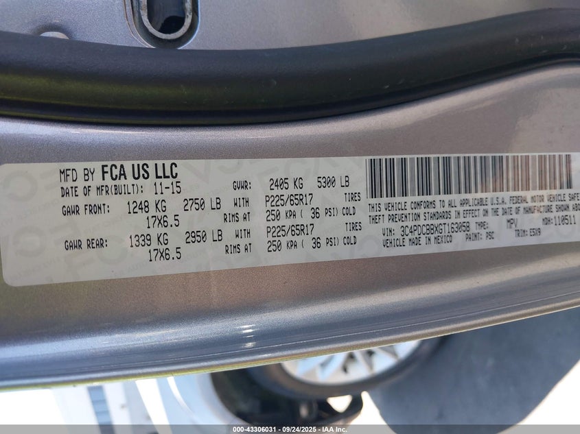 2016 DODGE JOURNEY SXT - 3C4PDCBBXGT163058