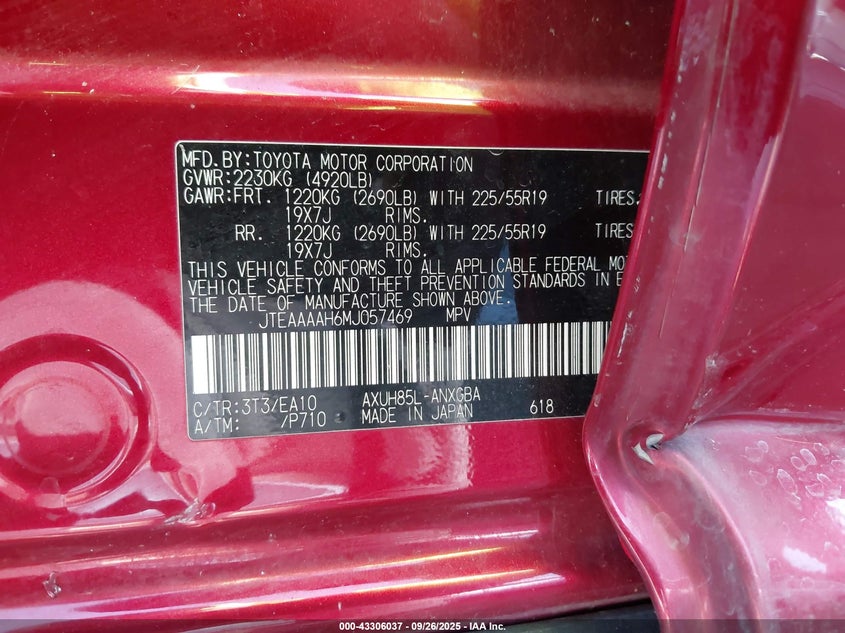 2021 TOYOTA VENZA XLE JTEAAAAH6MJ057469