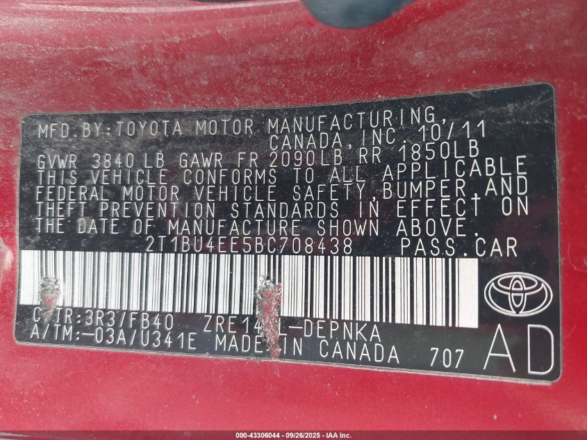 2011 Toyota Corolla Le VIN: 2T1BU4EE5BC708438 Lot: 43306044