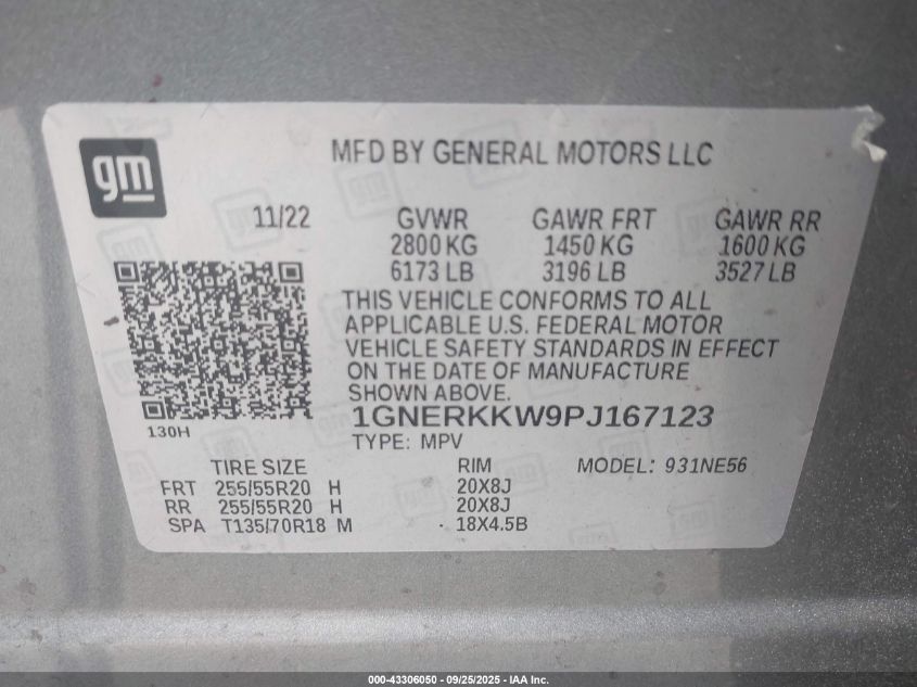 2023 Chevrolet Traverse Fwd Premier VIN: 1GNERKKW9PJ167123 Lot: 43306050