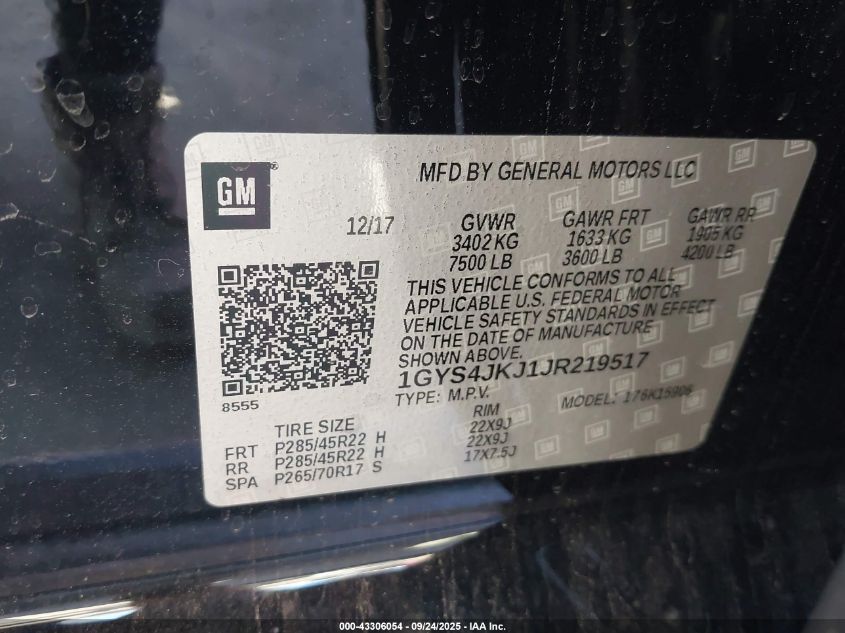 2018 Cadillac Escalade Esv Premium Luxury VIN: 1GYS4JKJ1JR219517 Lot: 43306054