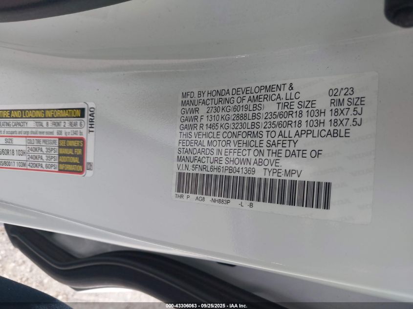 2023 Honda Odyssey Ex-L VIN: 5FNRL6H61PB041369 Lot: 43306063