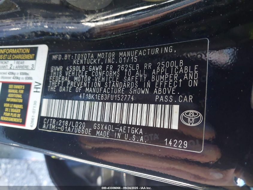 2015 Toyota Avalon Xle VIN: 4T1BK1EB3FU152774 Lot: 43306066