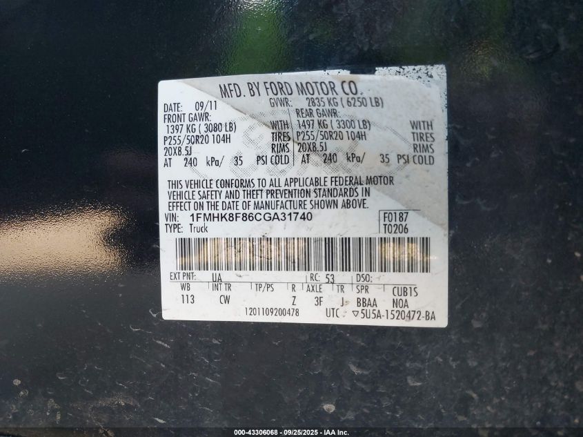 2012 Ford Explorer Limited VIN: 1FMHK8F86CGA31740 Lot: 43306068