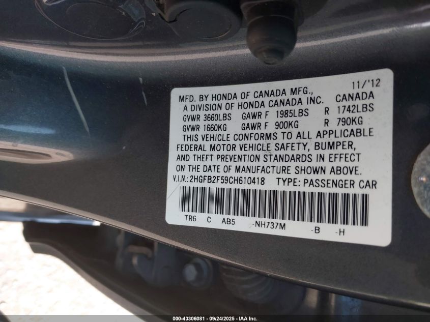 2012 Honda Civic Lx VIN: 2HGFB2F59CH610418 Lot: 43306081