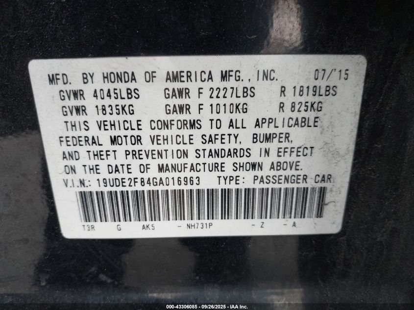 2016 Acura Ilx Premium A-Spec Packages/Technology Plus A-Spec Packages VIN: 19UDE2F84GA016963 Lot: 43306085