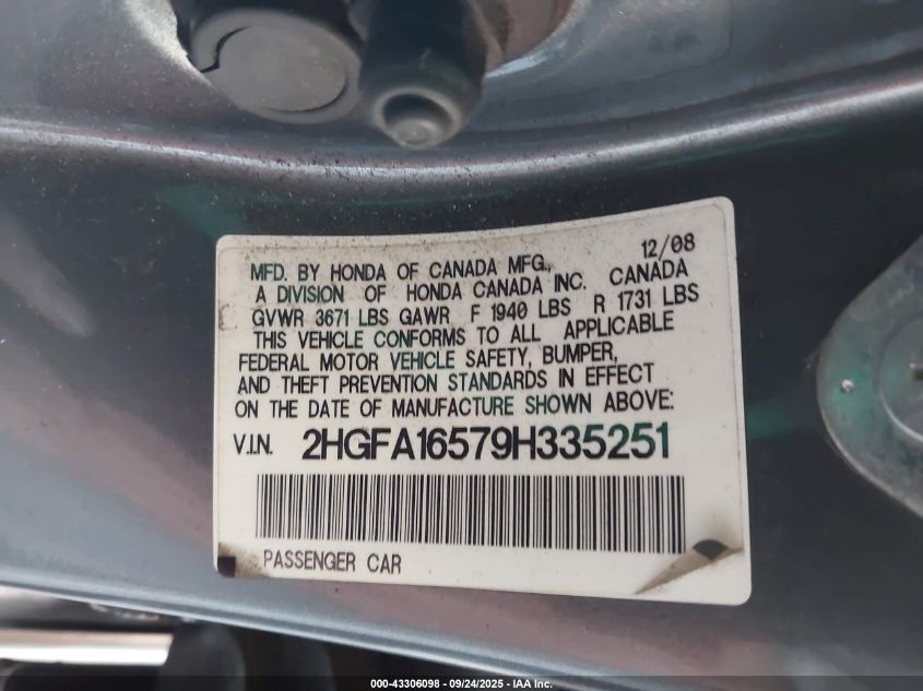 2009 Honda Civic Lx VIN: 2HGFA16579H335251 Lot: 43306098