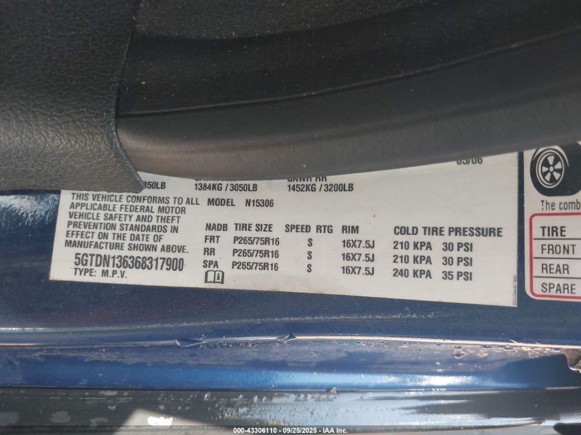 2006 Hummer H3 Suv VIN: 5GTDN136368317900 Lot: 43306110