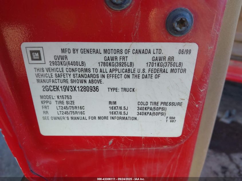 1999 Chevrolet Silverado 1500 Ls VIN: 2GCEK19V3X1280936 Lot: 43306111