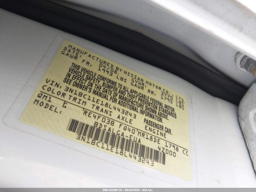 2008 Nissan Versa 1.8Sl VIN: 3N1BC11E18L443243 Lot: 43306118