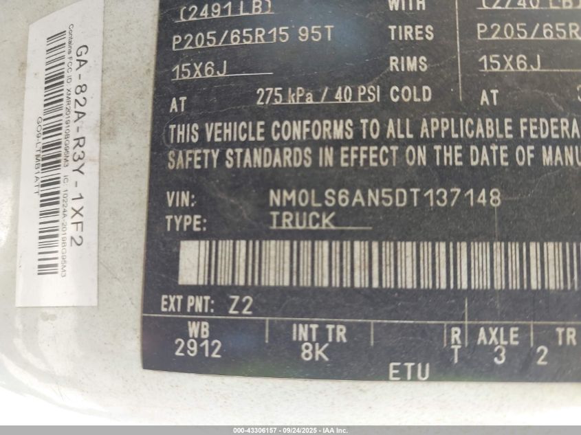 2013 Ford Transit Connect Xl VIN: NM0LS6AN5DT137148 Lot: 43306157