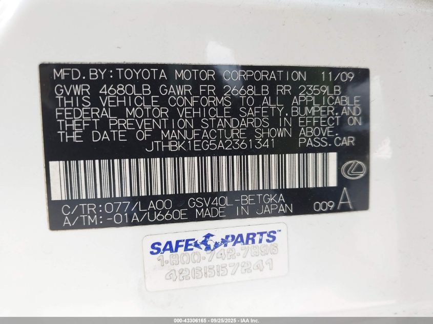 2010 Lexus Es 350 VIN: JTHBK1EG5A2361341 Lot: 43306165