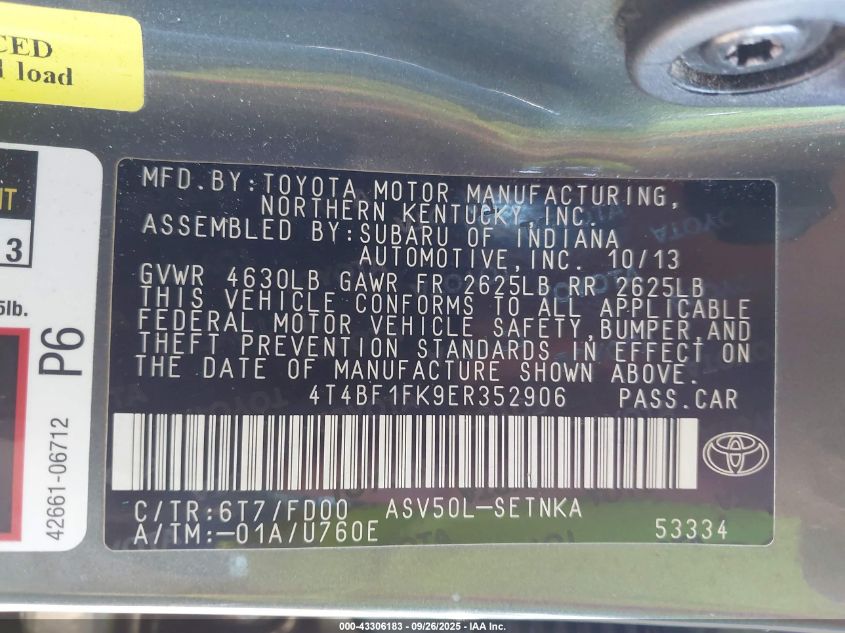 2014 Toyota Camry Le VIN: 4T4BF1FK9ER352906 Lot: 43306183