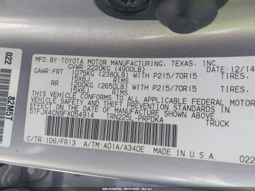 2015 Toyota Tacoma VIN: 5TFJX4CN9FX054914 Lot: 43306192