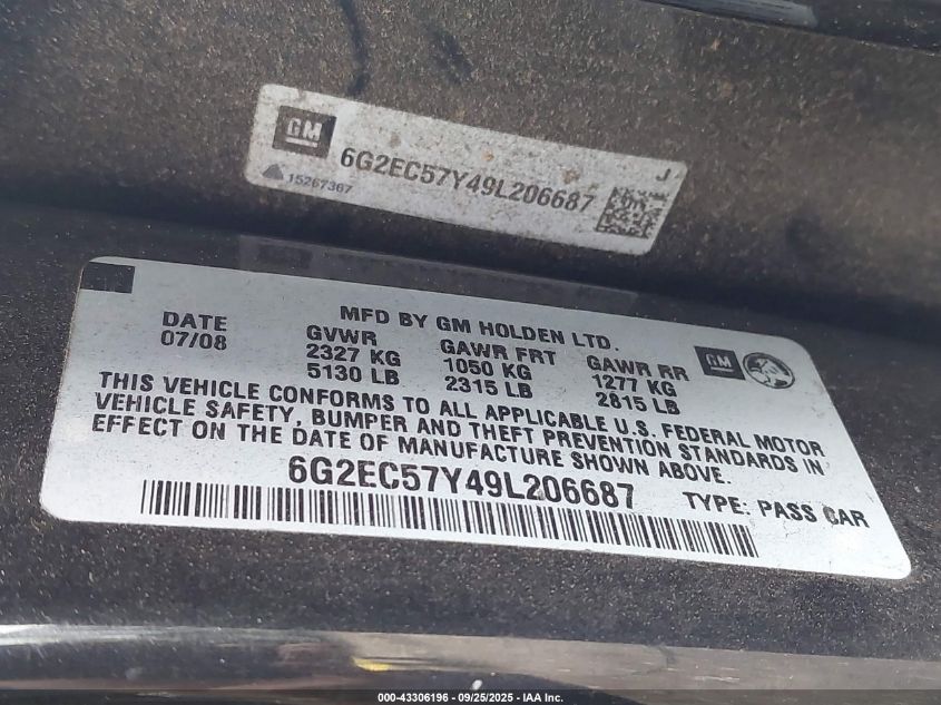 2009 Pontiac G8 Gt VIN: 6G2EC57Y49L206687 Lot: 43306196