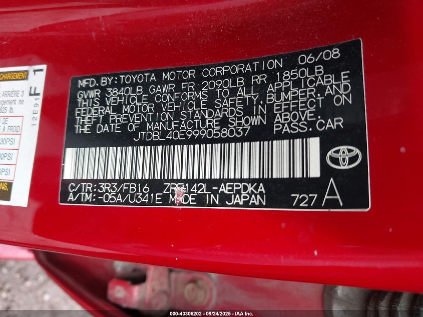 2009 Toyota Corolla Le VIN: JTDBL40E999058037 Lot: 43306202