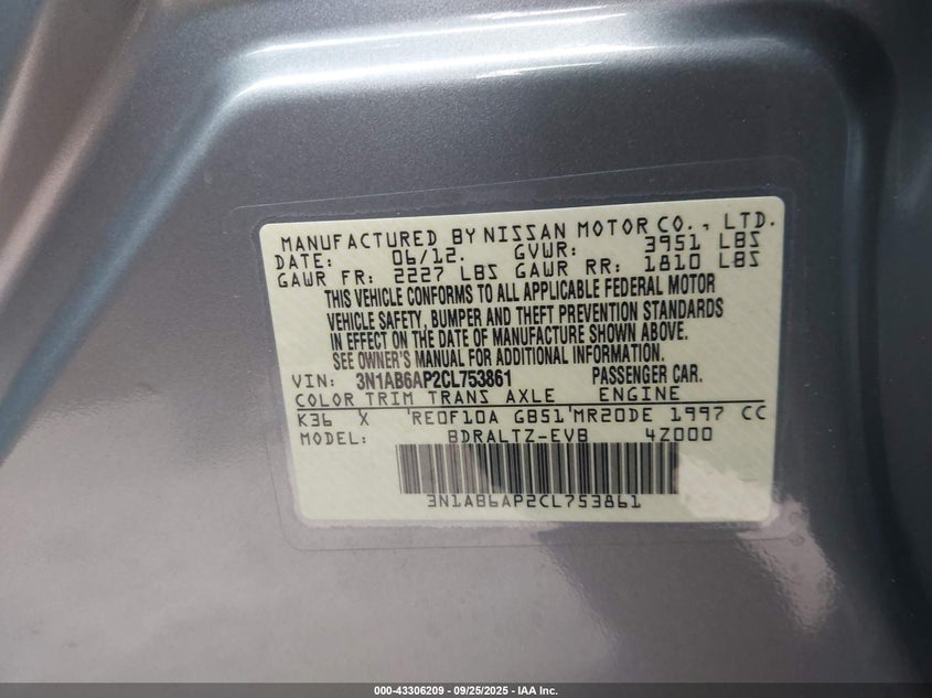 2012 Nissan Sentra 2.0 S VIN: 3N1AB6AP2CL753861 Lot: 43306209