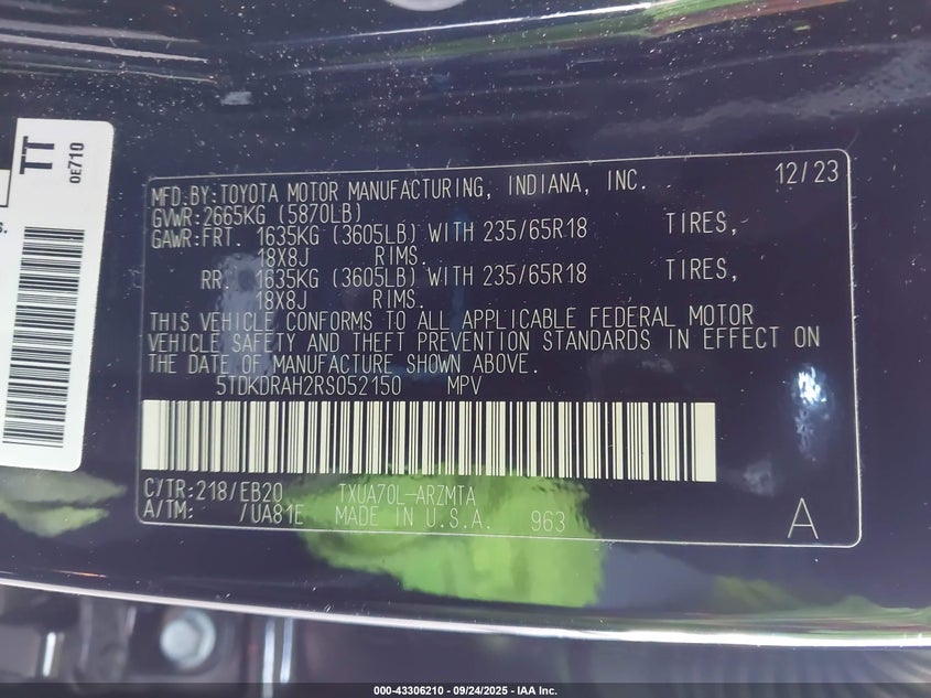 2024 TOYOTA HIGHLANDER XLE 5TDKDRAH2RS052150