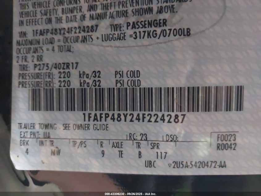 2004 Ford Mustang Cobra VIN: 1FAFP48Y24F224287 Lot: 43306230