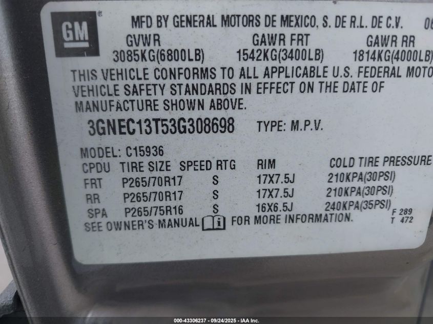 2003 Chevrolet Avalanche 1500 VIN: 3GNEC13T53G308698 Lot: 43306237