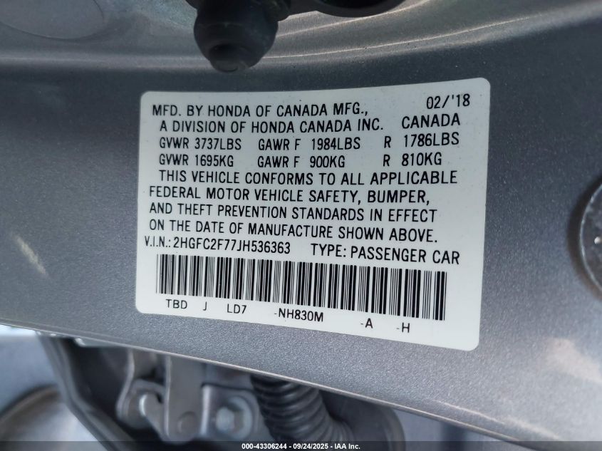 2018 Honda Civic Ex VIN: 2HGFC2F77JH536363 Lot: 43306244