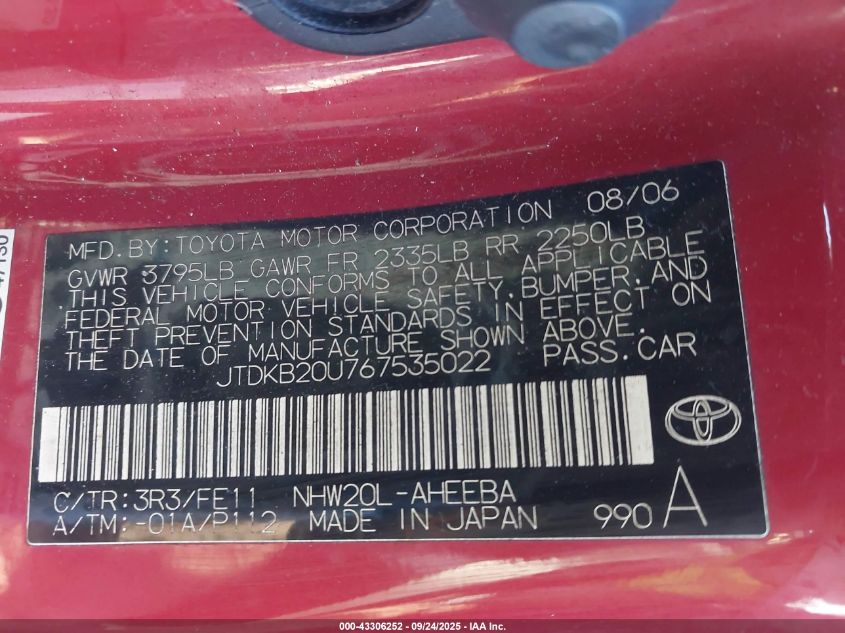 2006 Toyota Prius VIN: JTDKB20U767535022 Lot: 43306252
