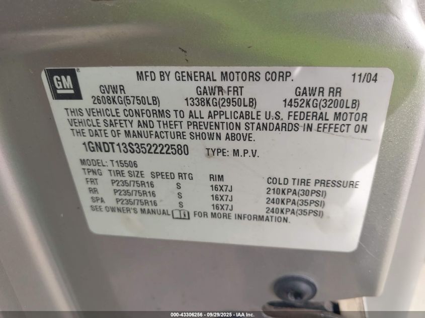 2005 Chevrolet Trailblazer Ls VIN: 1GNDT13S352222580 Lot: 43306256