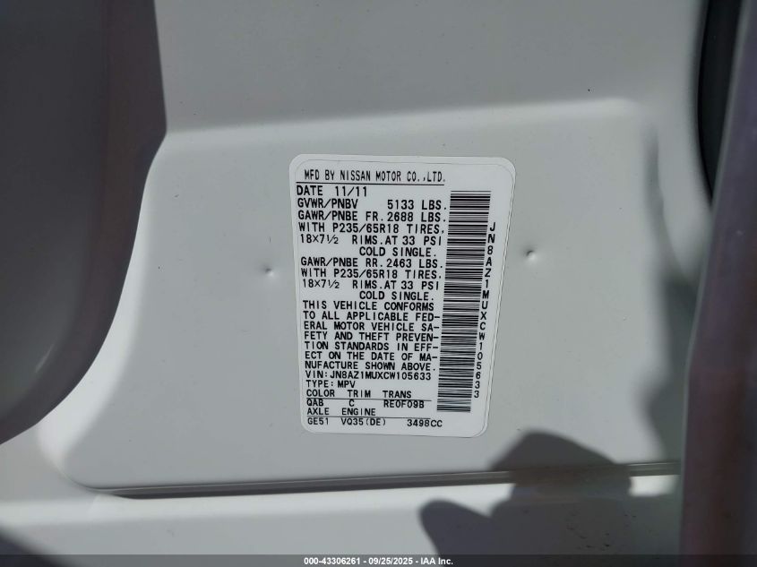 2012 Nissan Murano Sv VIN: JN8AZ1MUXCW105633 Lot: 43306261