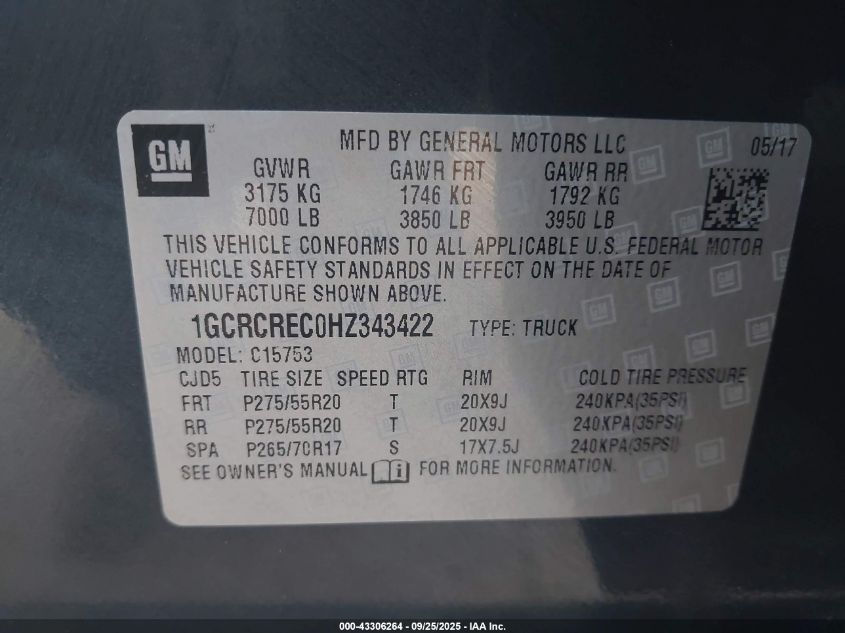 2017 Chevrolet Silverado 1500 1Lt VIN: 1GCRCREC0HZ343422 Lot: 43306264
