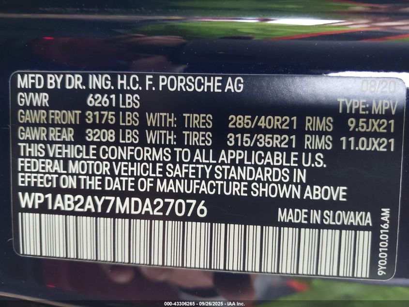 2021 Porsche Cayenne S VIN: WP1AB2AY7MDA27076 Lot: 43306265