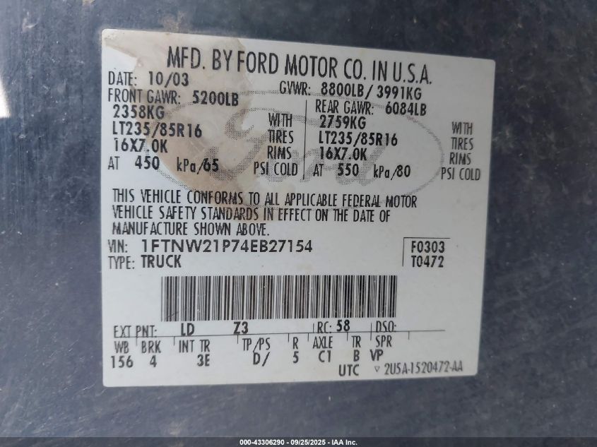 2004 Ford F-250 Lariat/Xl/Xlt VIN: 1FTNW21P74EB27154 Lot: 43306290