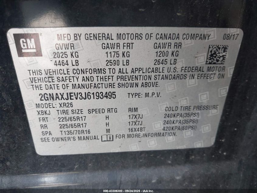 2018 Chevrolet Equinox Lt VIN: 2GNAXJEV3J6193495 Lot: 43306300