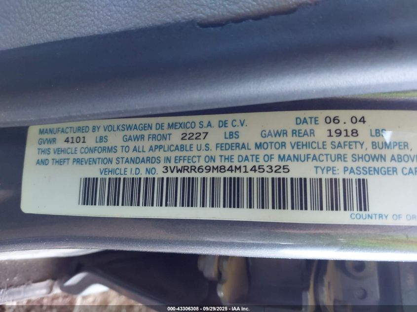 2004 Volkswagen Jetta Gl Tdi VIN: 3VWRR69M84M145325 Lot: 43306308