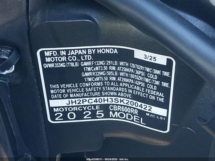 2025 Honda Cbr600 Rr VIN: JH2PC40H3SK200422 Lot: 43306311