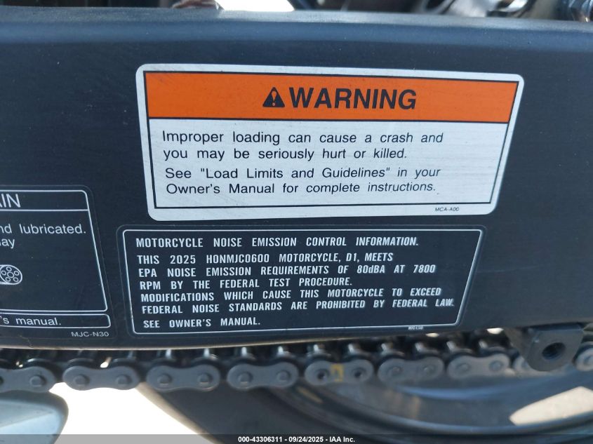 2025 Honda Cbr600 Rr VIN: JH2PC40H3SK200422 Lot: 43306311